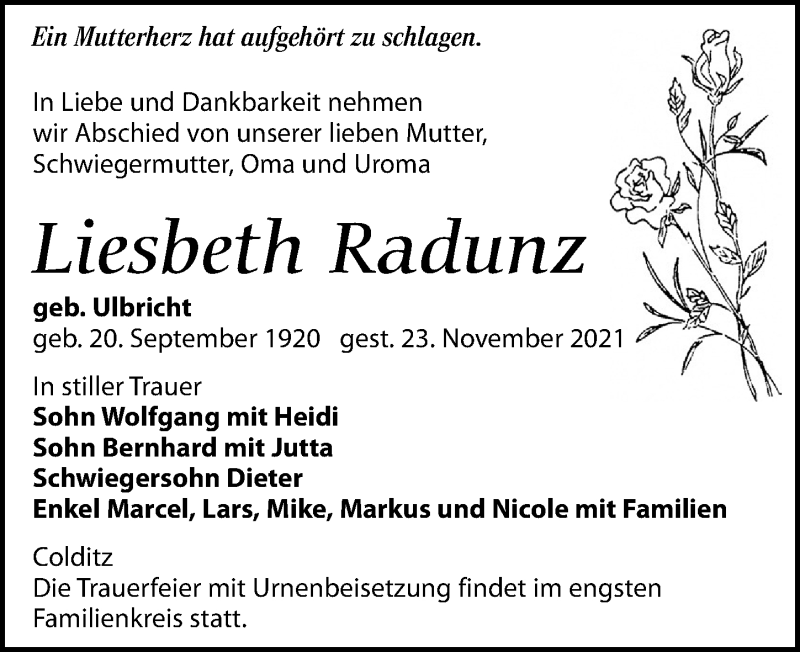  Traueranzeige für Liesbeth Radunz vom 04.12.2021 aus Leipziger Volkszeitung