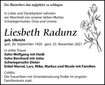 Traueranzeige von Liesbeth Radunz von Leipziger Volkszeitung