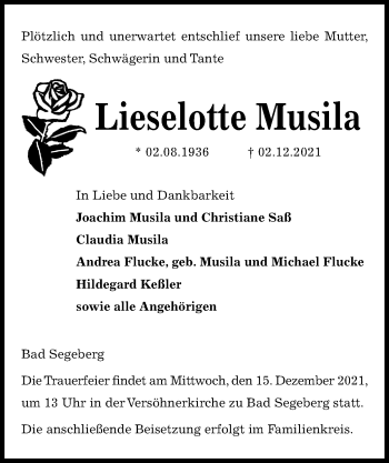 Traueranzeige von Lieselotte Musila von Kieler Nachrichten