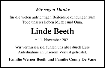 Traueranzeige von Linde Beeth von Lübecker Nachrichten