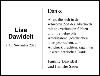Traueranzeige von Lisa Dawideit von Lübecker Nachrichten