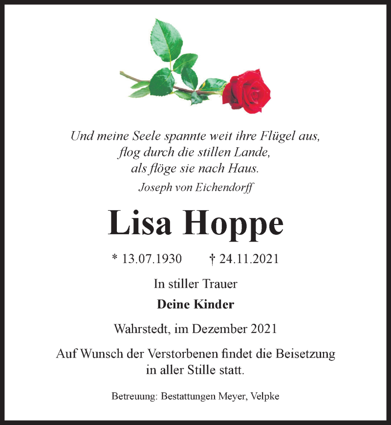  Traueranzeige für Lisa Hoppe vom 01.12.2021 aus Aller Zeitung