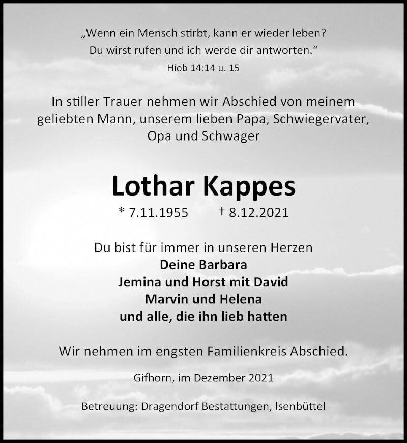  Traueranzeige für Lothar Kappes vom 11.12.2021 aus Aller Zeitung