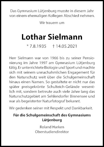 Traueranzeige von Lothar Sielmann von Kieler Nachrichten