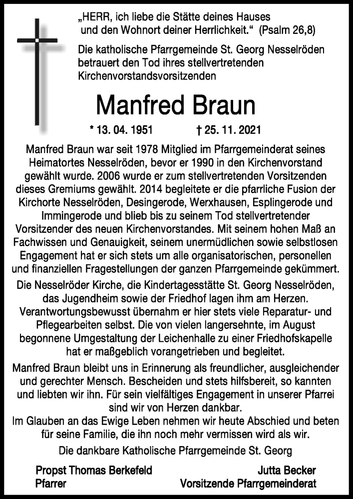  Traueranzeige für Manfred Braun vom 03.12.2021 aus Eichsfelder Tageblatt