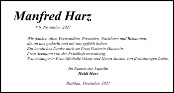 Traueranzeige von Manfred Harz von Kieler Nachrichten