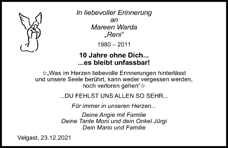  Traueranzeige für Mareen Warda vom 23.12.2021 aus Ostsee-Zeitung GmbH