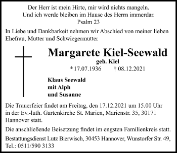 Traueranzeige von Margarete Kiel-Seewald von Hannoversche Allgemeine Zeitung/Neue Presse