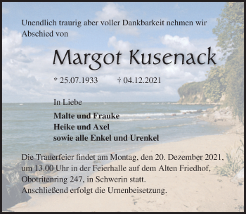 Traueranzeige von Margot Kusenack von Ostsee-Zeitung GmbH