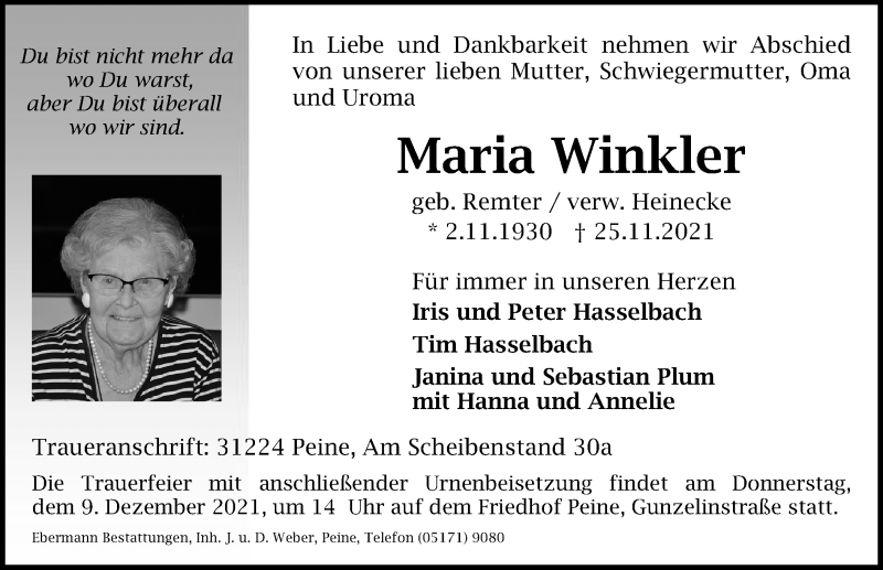  Traueranzeige für Maria Winkler vom 04.12.2021 aus Peiner Allgemeine Zeitung