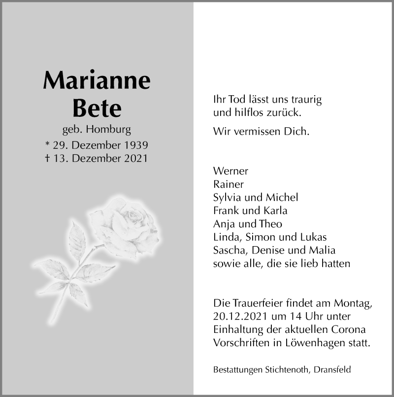 Traueranzeige für Marianne Bete vom 18.12.2021 aus Göttinger Tageblatt