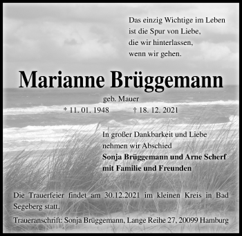 Traueranzeige von Marianne Brüggemann von Kieler Nachrichten