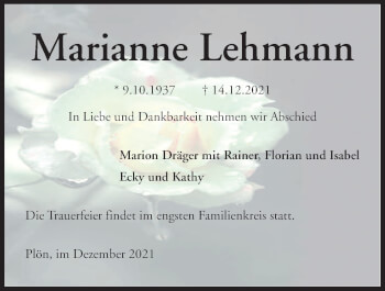 Traueranzeige von Marianne Lehmann von Kieler Nachrichten