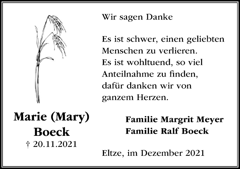  Traueranzeige für Marie Boeck vom 18.12.2021 aus Hannoversche Allgemeine Zeitung/Neue Presse