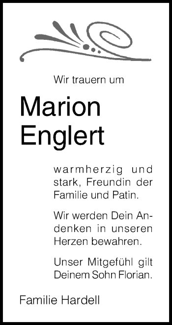 Traueranzeige von Marion Englert von Lübecker Nachrichten
