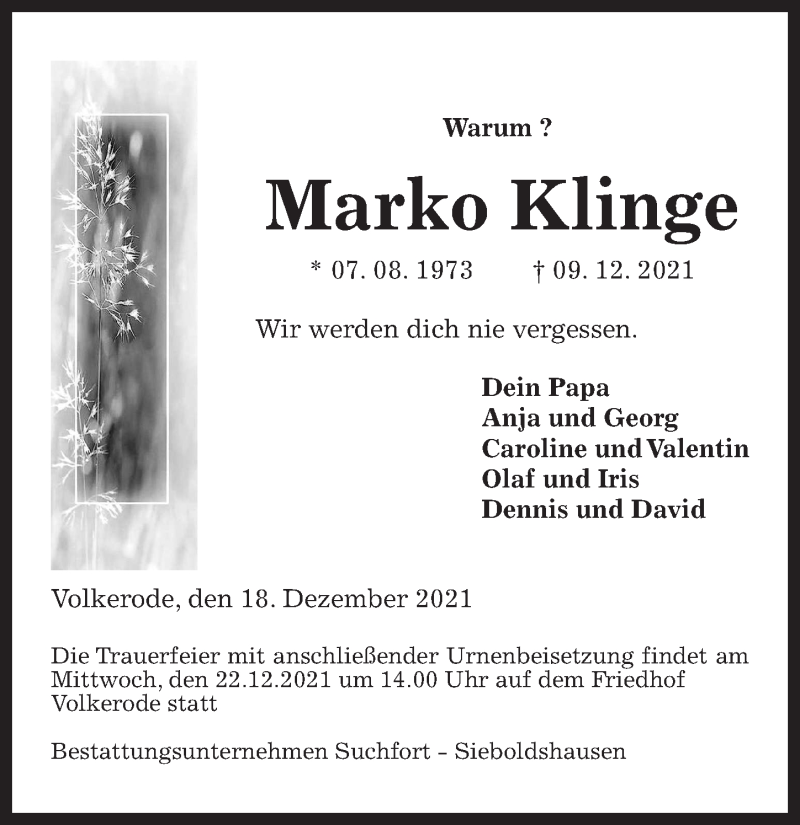  Traueranzeige für Marko Klinge vom 18.12.2021 aus Göttinger Tageblatt