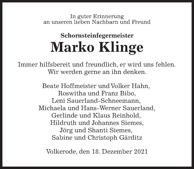  Traueranzeige für Marko Klinge vom 18.12.2021 aus Göttinger Tageblatt