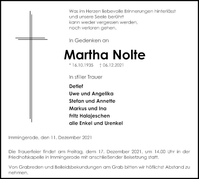  Traueranzeige für Martha Nolte vom 11.12.2021 aus Eichsfelder Tageblatt