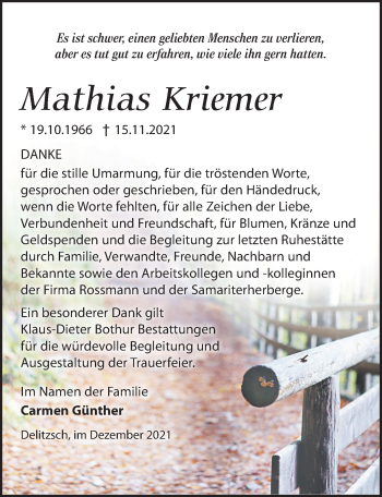 Traueranzeige von Mathias Kriemer von Leipziger Volkszeitung