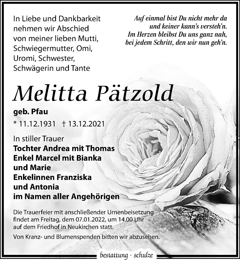  Traueranzeige für Melitta Pätzold vom 31.12.2021 aus Leipziger Volkszeitung