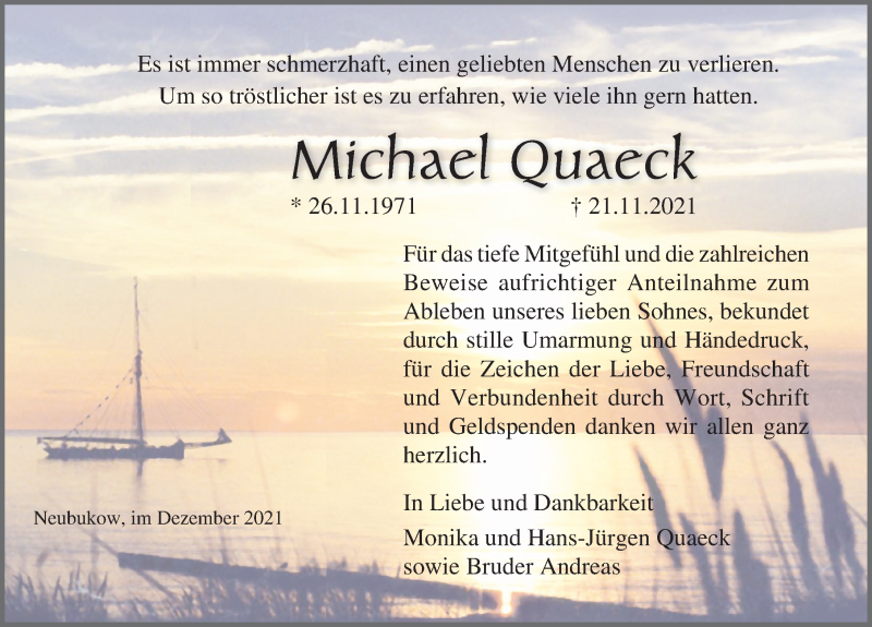  Traueranzeige für Michael Quaeck vom 18.12.2021 aus Ostsee-Zeitung GmbH