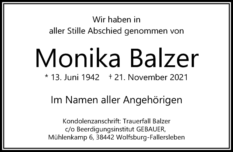  Traueranzeige für Monika Balzer vom 31.12.2021 aus Aller Zeitung