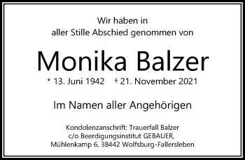 Traueranzeige von Monika Balzer von Aller Zeitung