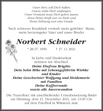 Traueranzeige von Norbert Schneider von Märkischen Allgemeine Zeitung