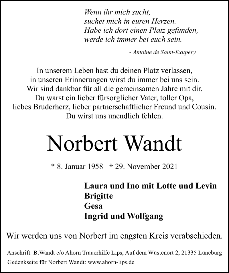  Traueranzeige für Norbert Wandt vom 11.12.2021 aus Kieler Nachrichten