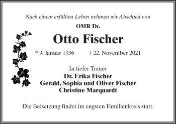 Traueranzeige von Otto Fischer von Märkischen Allgemeine Zeitung