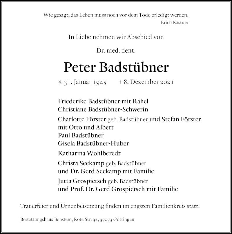  Traueranzeige für Peter Badstübner vom 11.12.2021 aus Göttinger Tageblatt