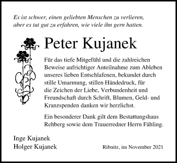 Traueranzeige von Peter Kujanek von Ostsee-Zeitung GmbH