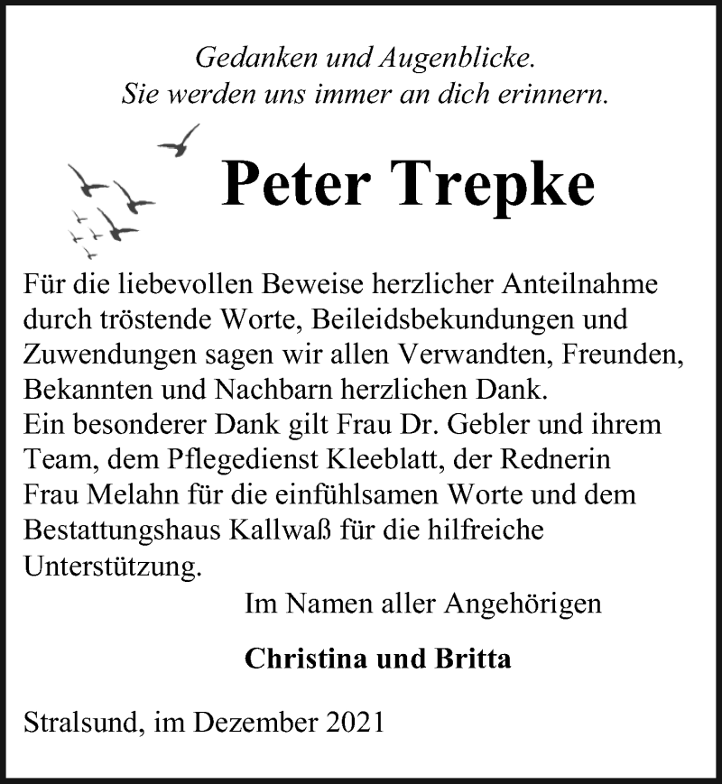  Traueranzeige für Peter Trepke vom 11.12.2021 aus Ostsee-Zeitung GmbH