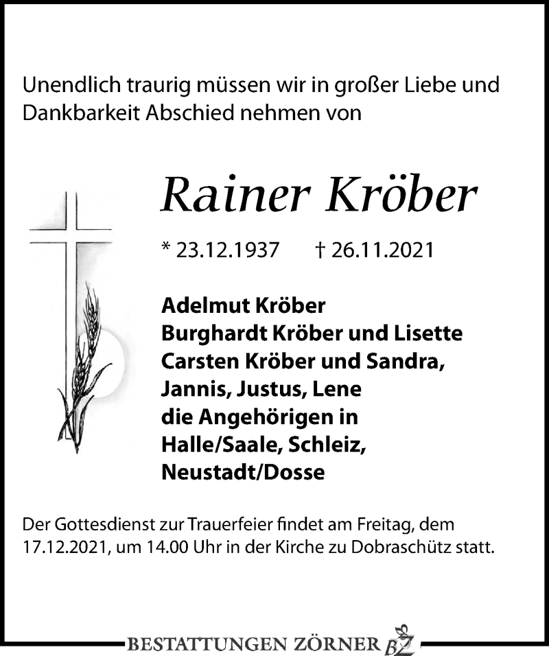  Traueranzeige für Rainer Kröber vom 04.12.2021 aus Leipziger Volkszeitung