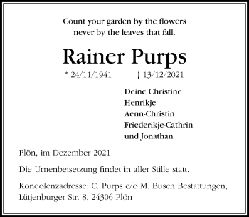 Traueranzeige von Rainer Purps von Lübecker Nachrichten