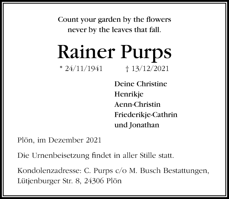  Traueranzeige für Rainer Purps vom 19.12.2021 aus Lübecker Nachrichten