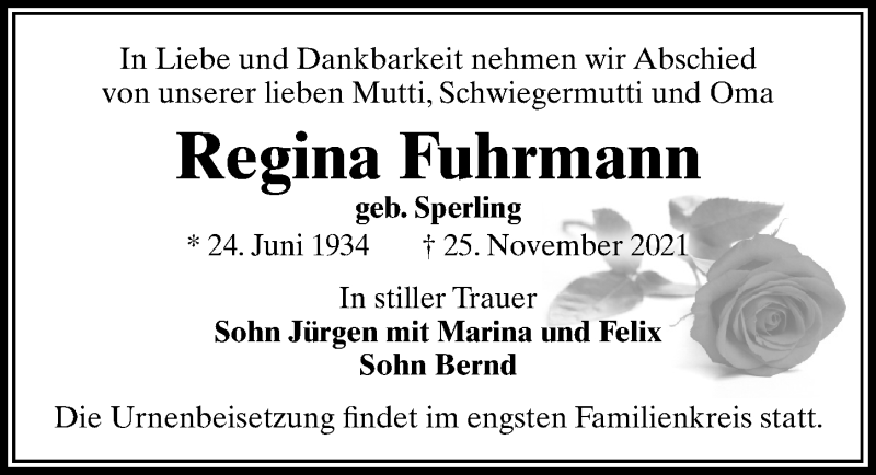  Traueranzeige für Regina Fuhrmann vom 11.12.2021 aus Leipziger Volkszeitung