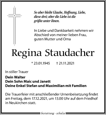 Traueranzeige von Regina Staudacher von Leipziger Volkszeitung