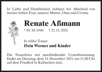 Traueranzeige von Renate Aßmann von Märkischen Allgemeine Zeitung