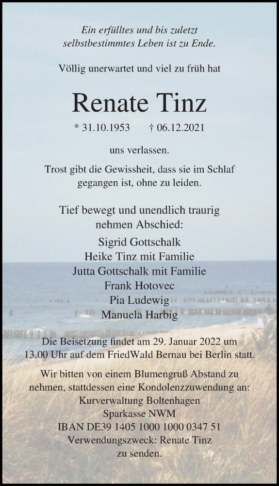  Traueranzeige für Renate Tinz vom 23.12.2021 aus Ostsee-Zeitung GmbH