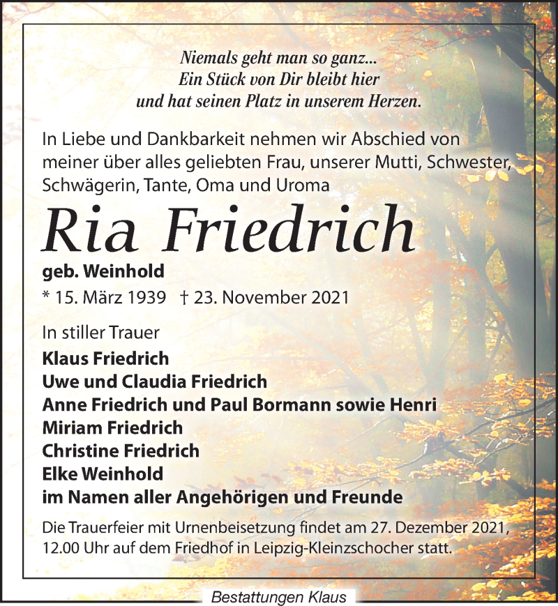  Traueranzeige für Ria Friedrich vom 11.12.2021 aus Leipziger Volkszeitung
