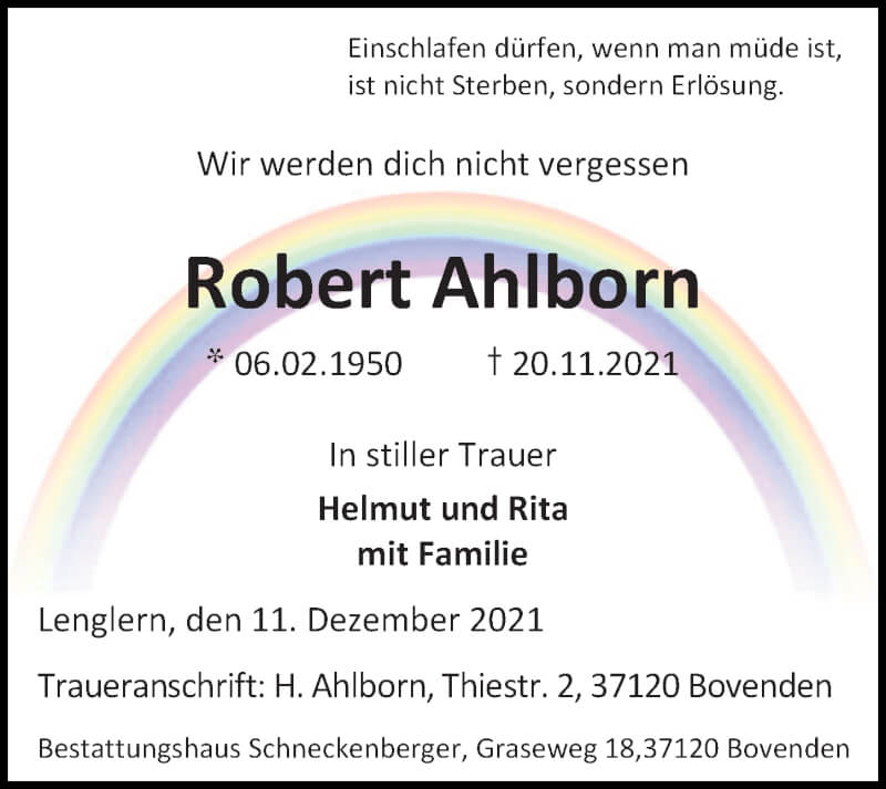  Traueranzeige für Robert Ahlborn vom 11.12.2021 aus Göttinger Tageblatt
