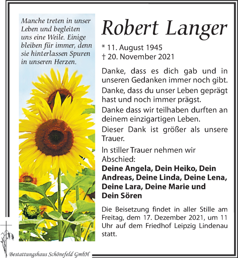  Traueranzeige für Robert Langer vom 11.12.2021 aus Leipziger Volkszeitung