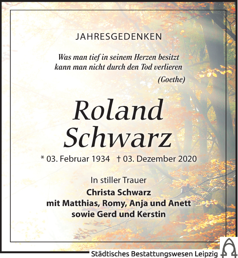  Traueranzeige für Roland Schwarz vom 04.12.2021 aus Leipziger Volkszeitung