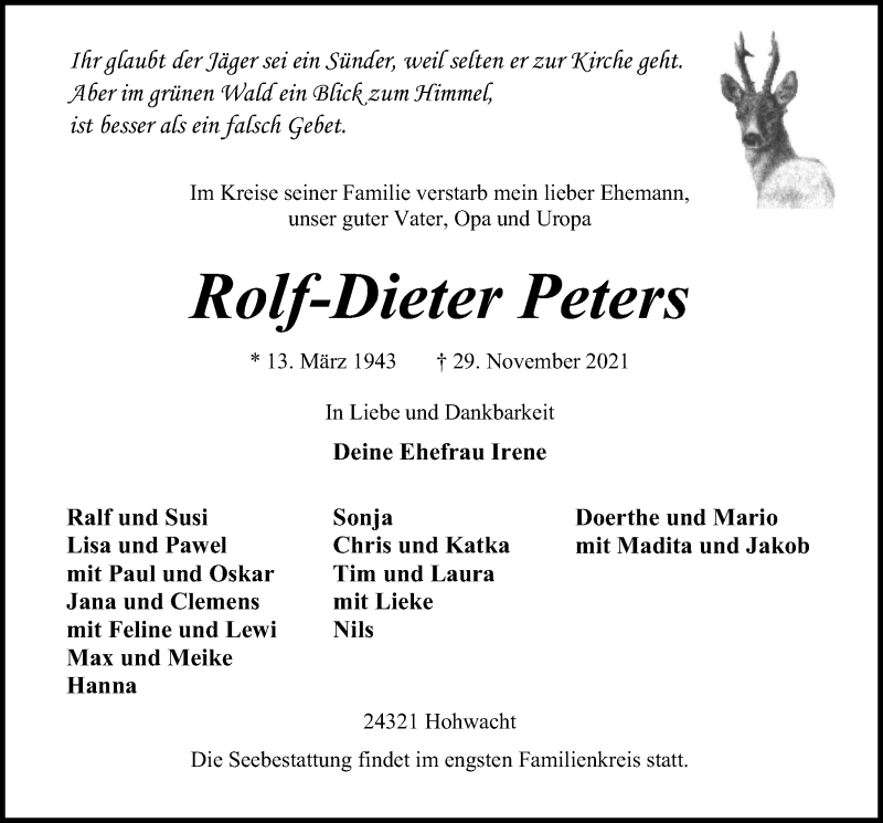  Traueranzeige für Rolf-Dieter Peters vom 04.12.2021 aus Kieler Nachrichten