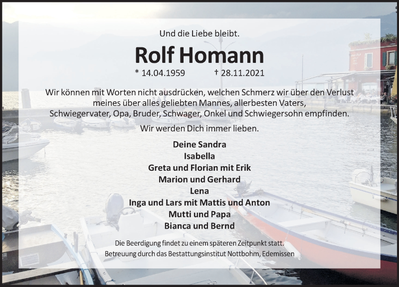  Traueranzeige für Rolf Homann vom 04.12.2021 aus Peiner Allgemeine Zeitung