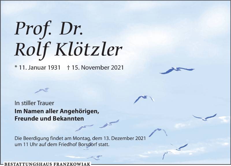  Traueranzeige für Rolf Klötzler vom 04.12.2021 aus Leipziger Volkszeitung