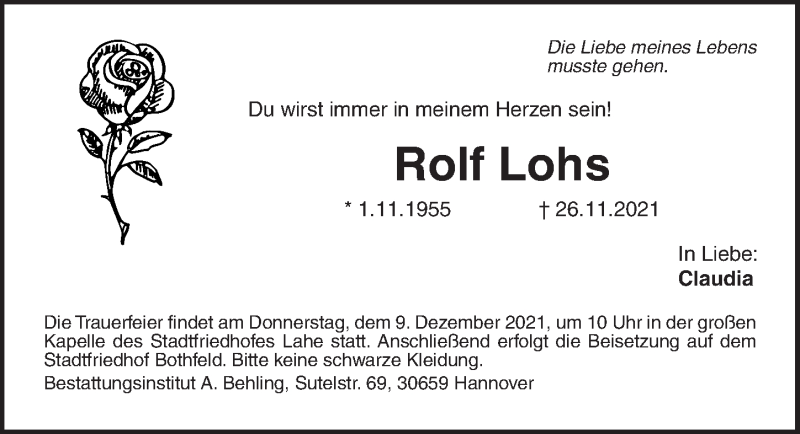  Traueranzeige für Rolf Lohs vom 04.12.2021 aus Hannoversche Allgemeine Zeitung/Neue Presse
