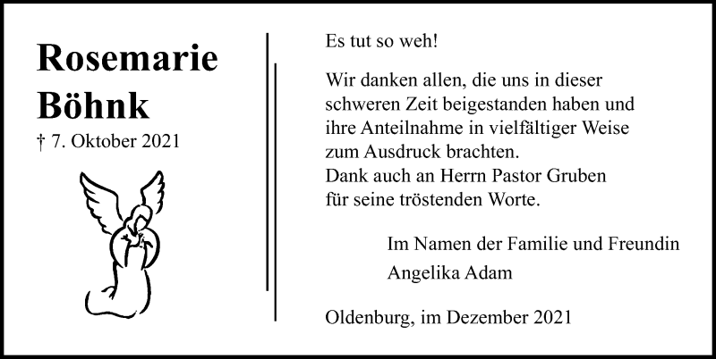  Traueranzeige für Rosemarie Böhnk vom 07.12.2021 aus Lübecker Nachrichten