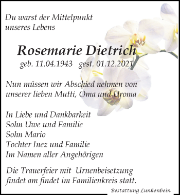 Traueranzeige von Rosemarie Dietrich von Leipziger Volkszeitung